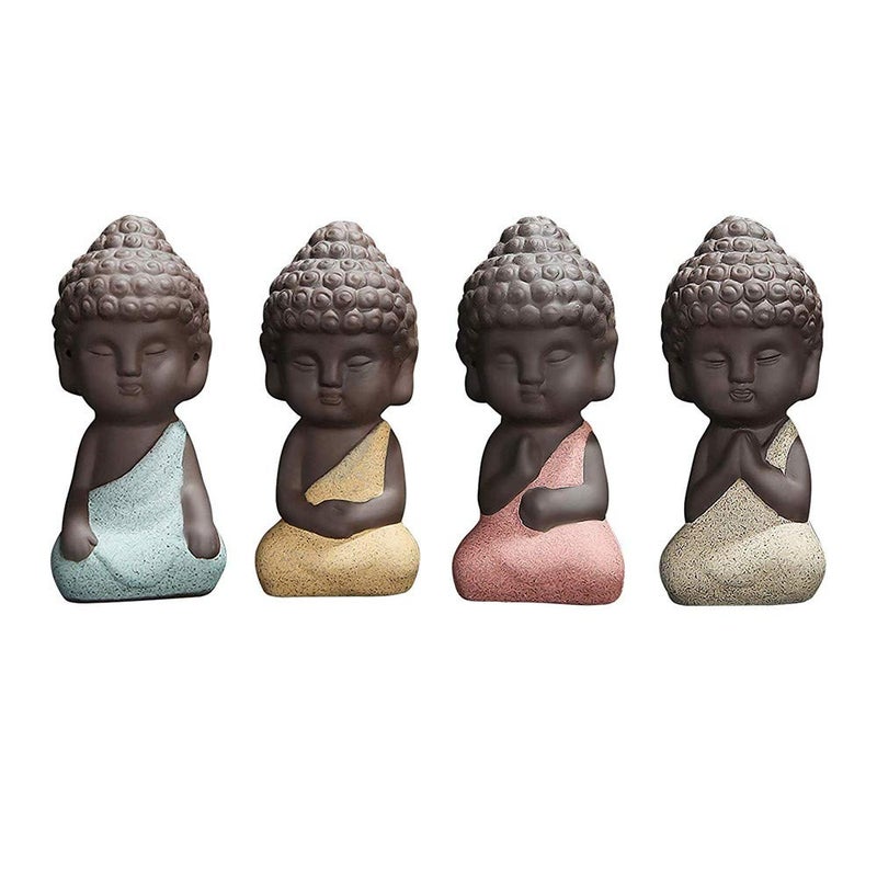 Kingzhuo Set of 4 Ceramic Little Cute Small Buddha Statue Monk Figurine Creative Baby Crafts Dolls Ornaments Gift Classic Delicate Ceramic Arts and Crafts Tea Accessories 4 Pcs (4 x 8.4 CM) - Image 1